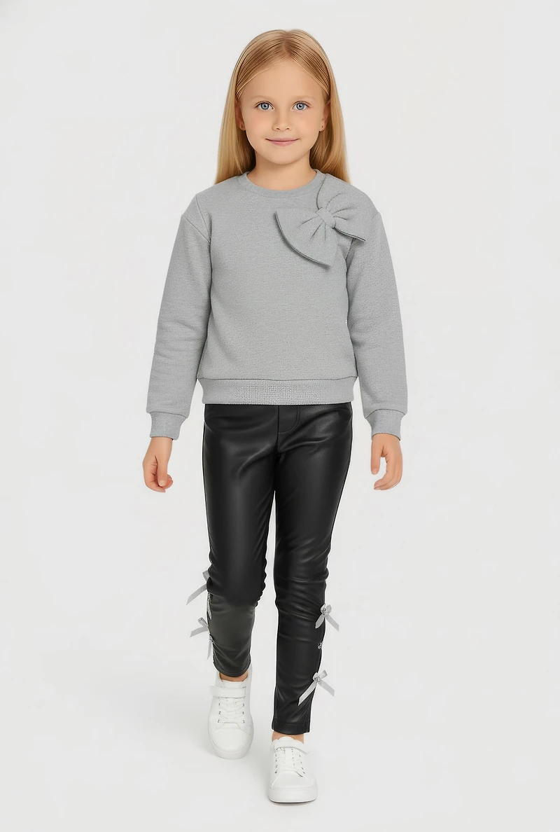 Little Girls Bow Sweatshirt and Faux Leather Ruched Leggings