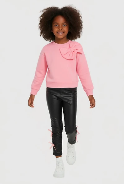 Little Girls Bow Sweatshirt and Faux Leather Ruched Leggings