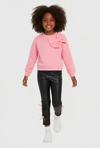Little Girls Bow Sweatshirt and Faux Leather Ruched Leggings