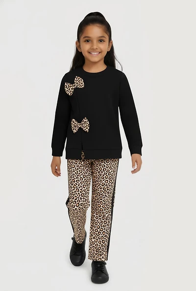 Little Girls Bow Sweatshirt and Leopard Print Leggings, Black, Size 5-6