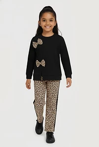 Little Girls Bow Sweatshirt and Leopard Print Leggings, Black, Size 5-6