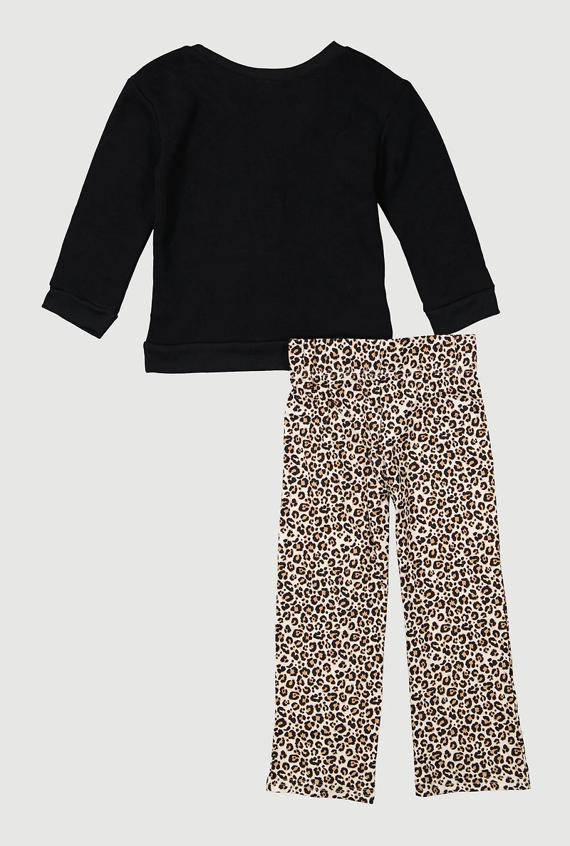 Little Girls Bow Sweatshirt and Leopard Print Leggings, Black, Size 5-6