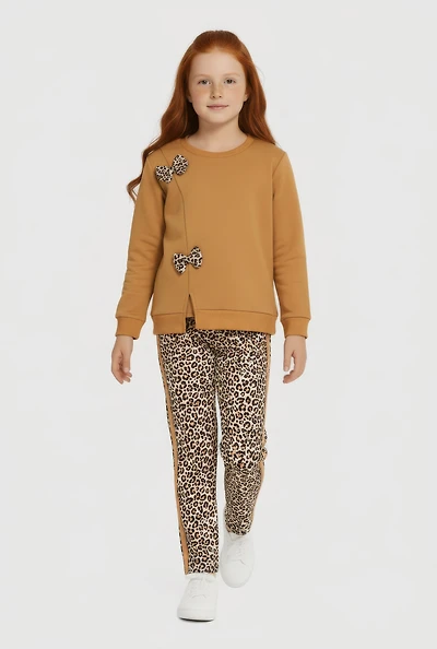 Little Girls Bow Sweatshirt and Leopard Print Leggings