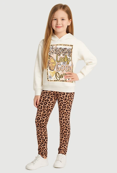 Little Girls Happy Looks Good Graphic Hoodie and Leopard Print Leggings, Multi, Size 6X