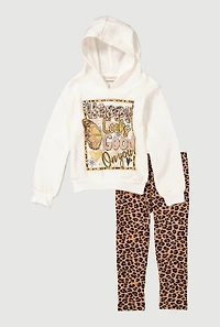 Little Girls Happy Looks Good Graphic Hoodie and Leopard Print Leggings, Multi,