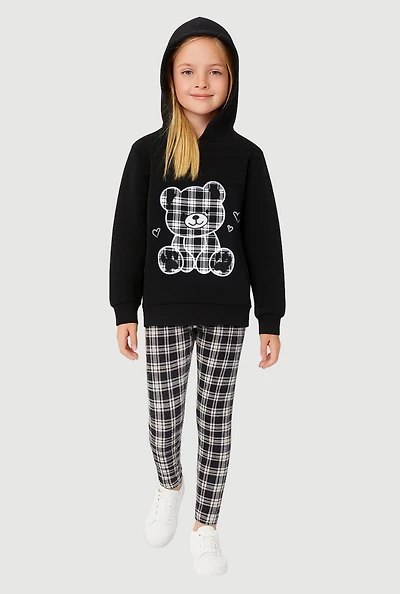 Girls Plaid Bear Graphic Fleece Lined Hoodie and Leggings Set, Black, Size 5-6