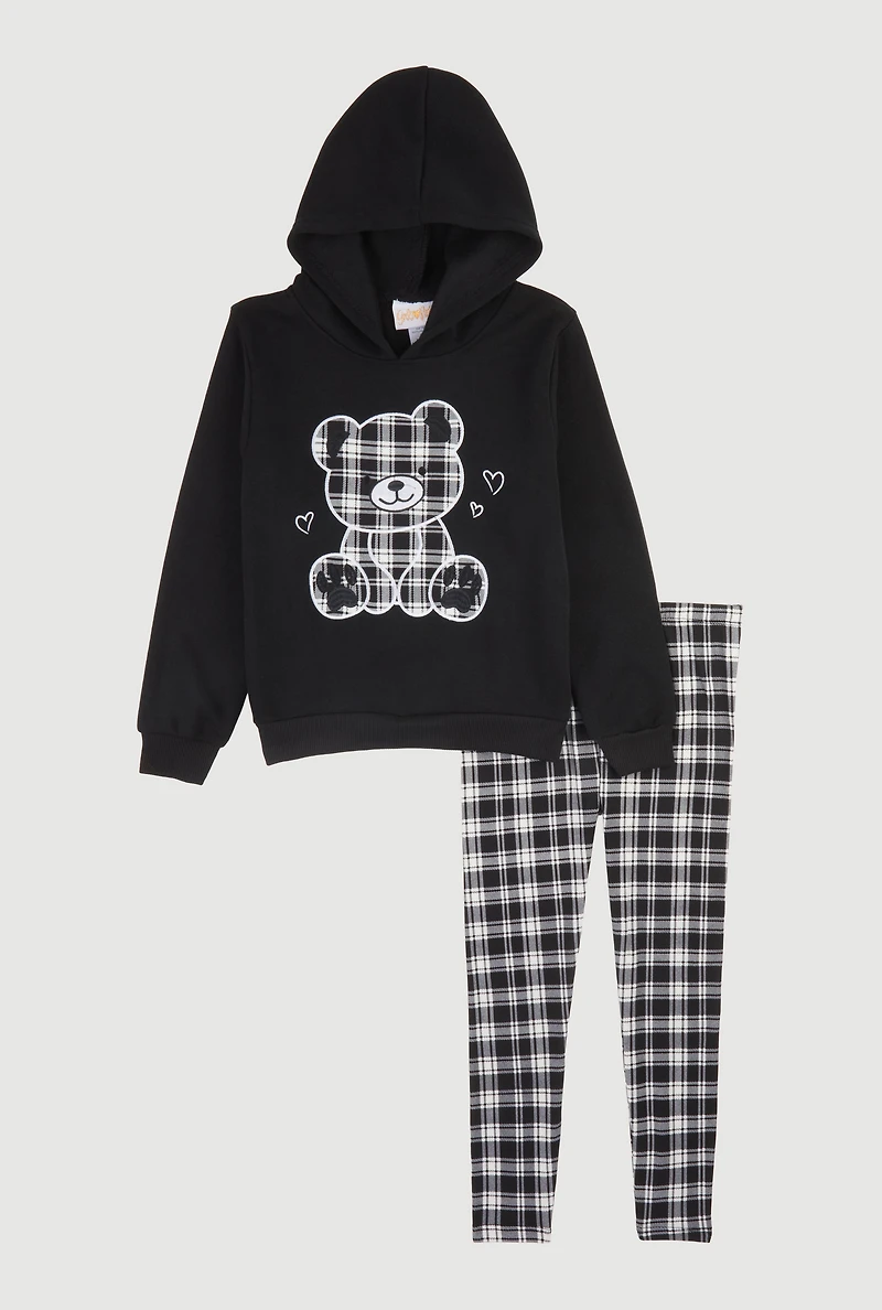 Girls Plaid Bear Graphic Fleece Lined Hoodie and Leggings Set, Black, Size 5-6