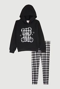 Girls Plaid Bear Graphic Fleece Lined Hoodie and Leggings Set, Black, Size 5-6