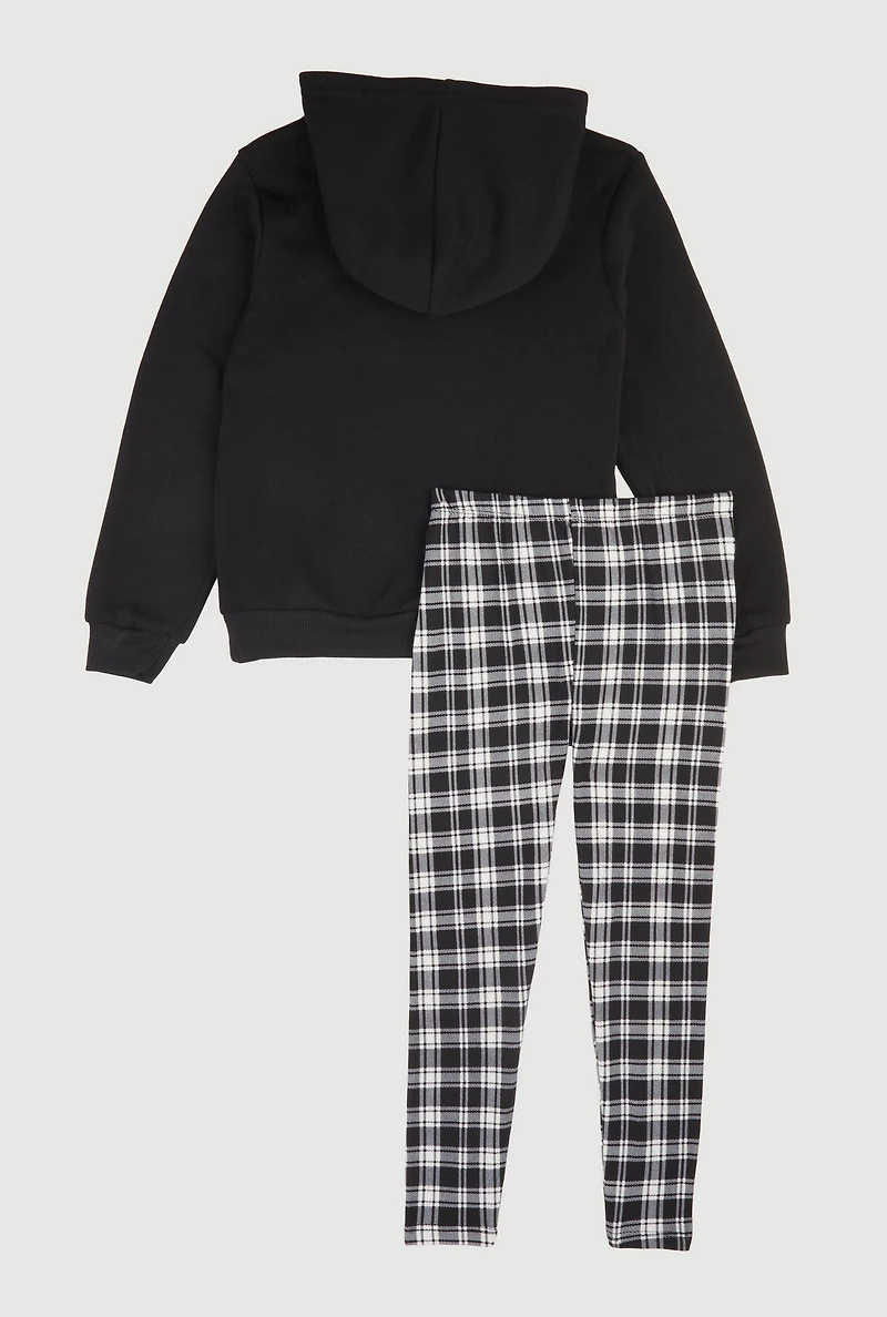 Girls Plaid Bear Graphic Fleece Lined Hoodie and Leggings Set, Black, Size 5-6
