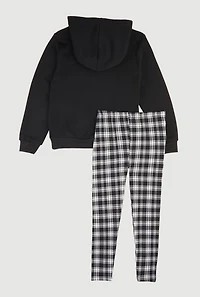 Girls Plaid Bear Graphic Fleece Lined Hoodie and Leggings Set, Black, Size 5-6
