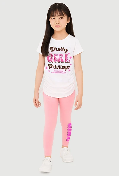 Little Girls Pretty Girl Ruched Side Graphic Tee and Leggings, Pink,