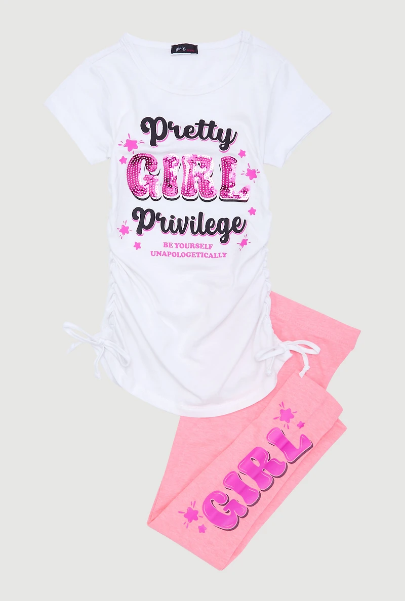 Little Girls Pretty Girl Ruched Side Graphic Tee and Leggings, Pink, Size 6X