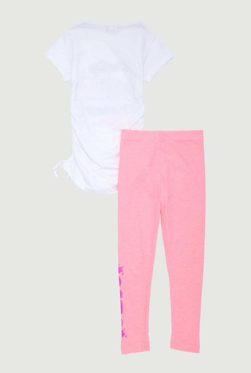 Little Girls Pretty Girl Ruched Side Graphic Tee and Leggings, Pink,