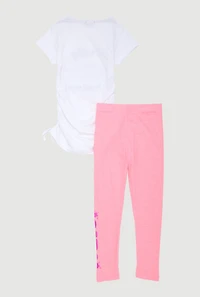 Little Girls Pretty Girl Ruched Side Graphic Tee and Leggings, Pink,