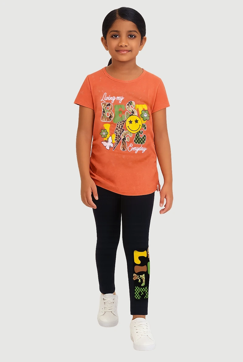 Little Girls Camo Best Life Graphic Tee and Leggings, Orange, Size 5-6