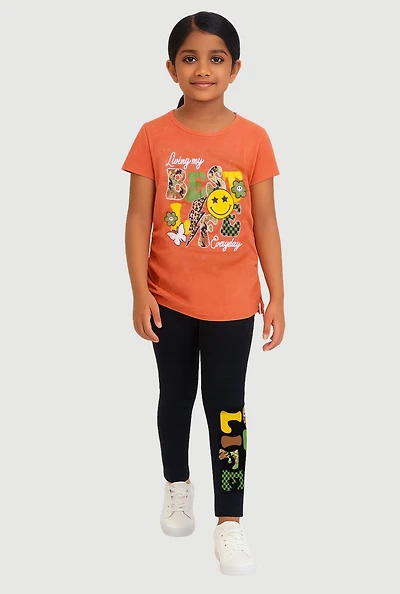 Little Girls Camo Best Life Graphic Tee and Leggings, Orange, Size 6X