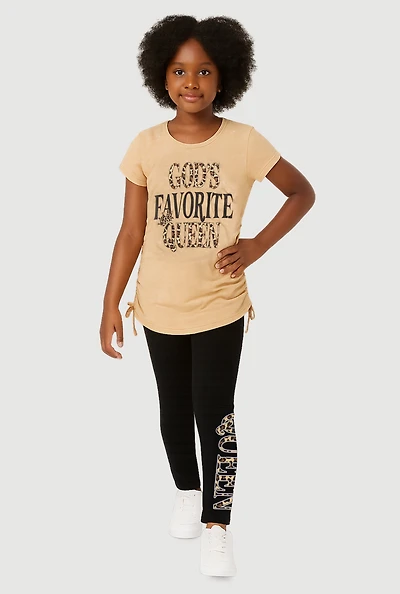 Little Girls Queen Ruched Side Graphic Tee and Leggings, Beige, Size 4