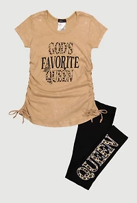 Little Girls Queen Ruched Side Graphic Tee and Leggings, Beige, Size 4