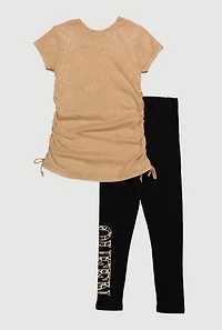 Little Girls Queen Ruched Side Graphic Tee and Leggings, Beige, Size 4