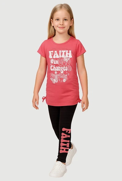 Little Girls Faith Ruched Side Graphic Tee and Leggings, Pink, Size 6X