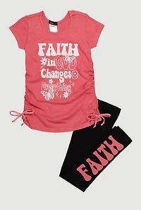 Little Girls Faith Ruched Side Graphic Tee and Leggings