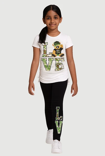 Little Girls Love Teddy Ruched Side Graphic Tee and Leggings, Multi, Size 4