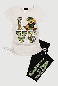 Little Girls Love Teddy Ruched Side Graphic Tee and Leggings, Multi, Size 4