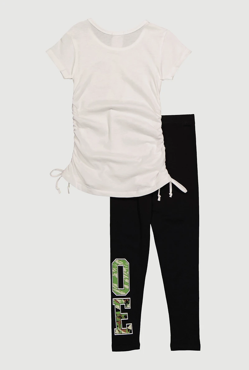 Little Girls Love Teddy Ruched Side Graphic Tee and Leggings, Multi,