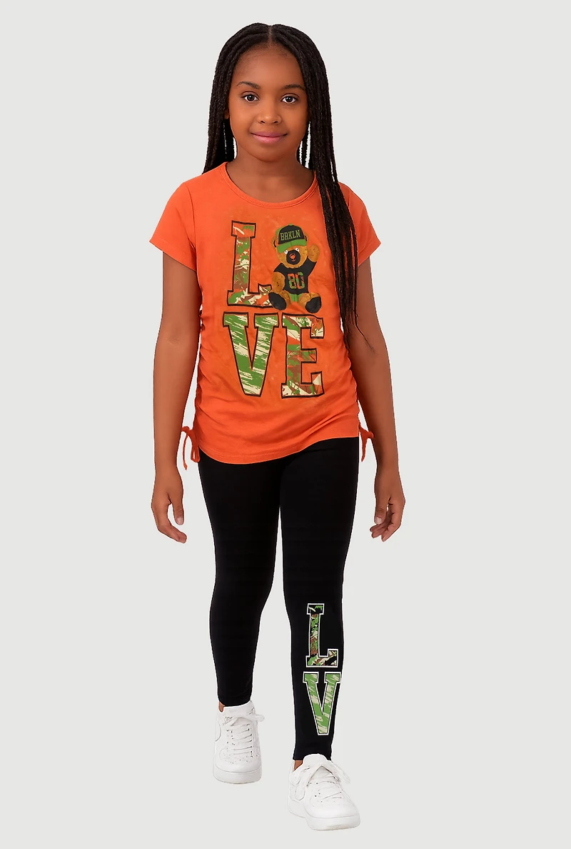 Little Girls Love Teddy Ruched Side Graphic Tee and Leggings, Multi,