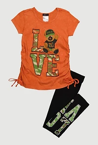 Little Girls Love Teddy Ruched Side Graphic Tee and Leggings, Multi,