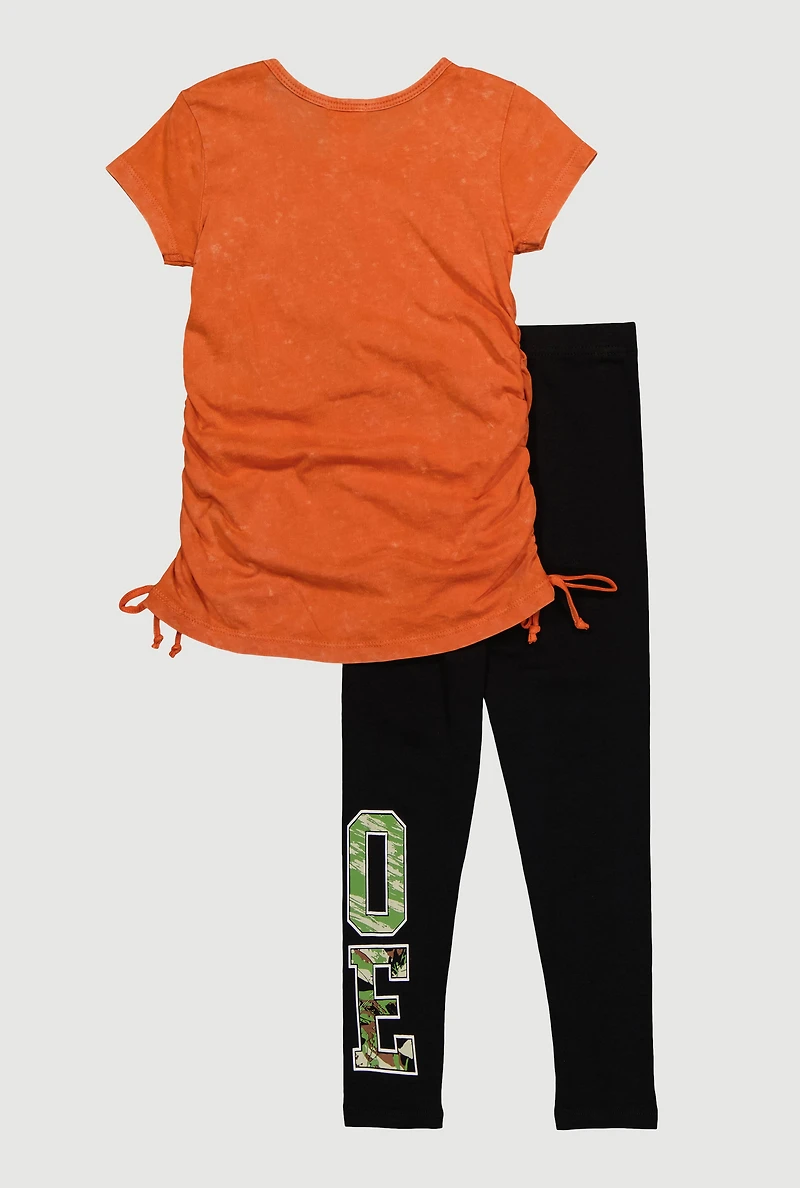 Little Girls Love Teddy Ruched Side Graphic Tee and Leggings