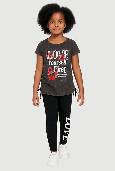 Little Girls Love Yourself First Cherry Graphic Print Tee and Leggings, Grey, Size 4