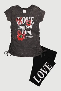 Little Girls Love Yourself First Cherry Graphic Print Tee and Leggings, Grey, Size 4