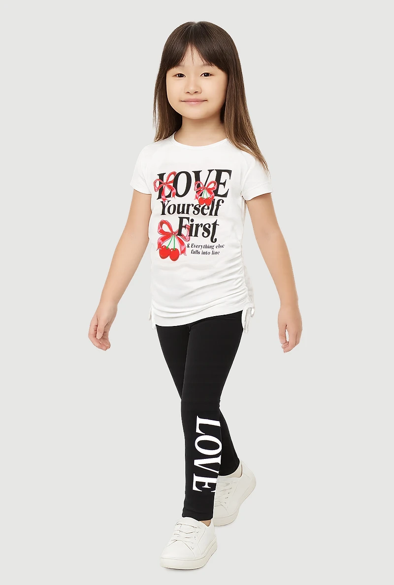 Little Girls Love Yourself First Cherry Graphic Print Tee and Leggings, Multi, Size 6X