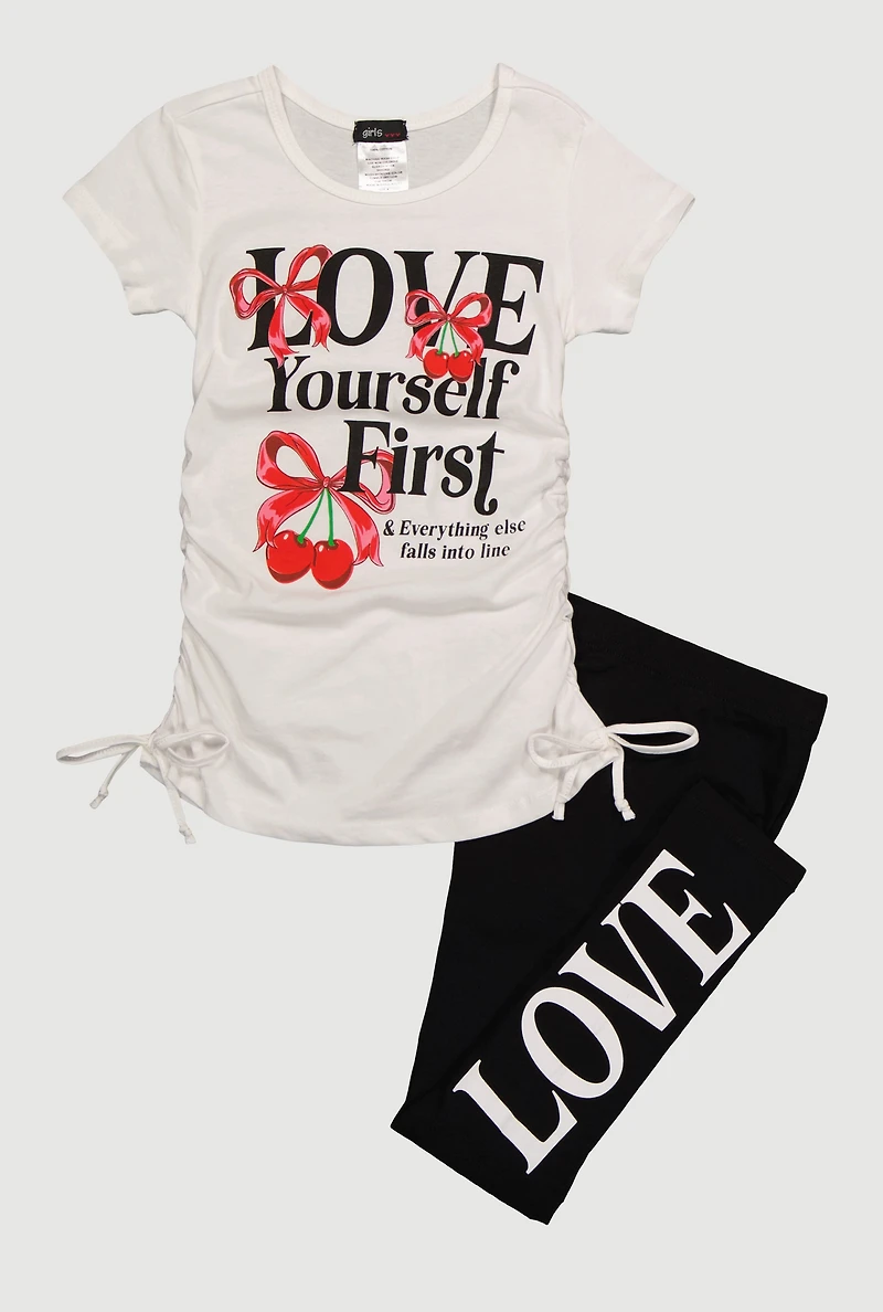 Little Girls Love Yourself First Cherry Graphic Print Tee and Leggings, Multi, Size 6X