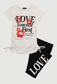 Little Girls Love Yourself First Cherry Graphic Print Tee and Leggings, Multi, Size 6X