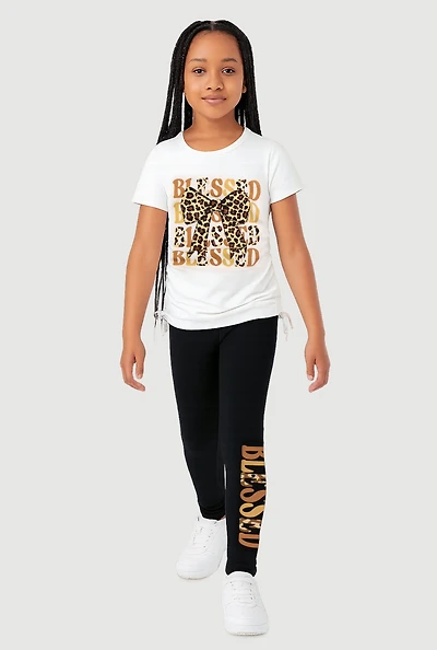 Little Girls Blessed Ruched Side Graphic Tee and Leggings, White, Size 5-6