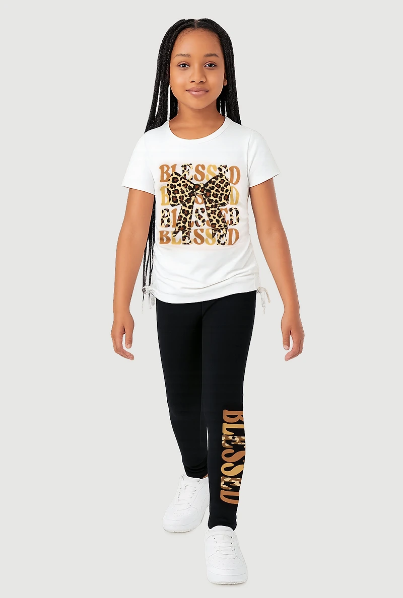 Little Girls Blessed Ruched Side Graphic Tee and Leggings