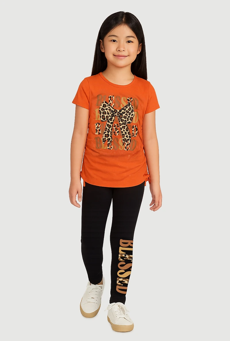 Little Girls Blessed Ruched Side Graphic Tee and Leggings, Multi, Size 6X