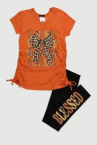 Little Girls Blessed Ruched Side Graphic Tee and Leggings, Multi, Size 4
