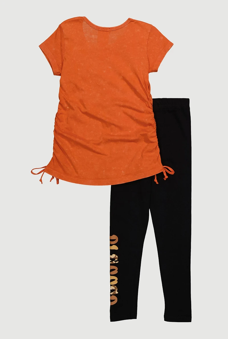 Little Girls Blessed Ruched Side Graphic Tee and Leggings, Multi, Size 6X