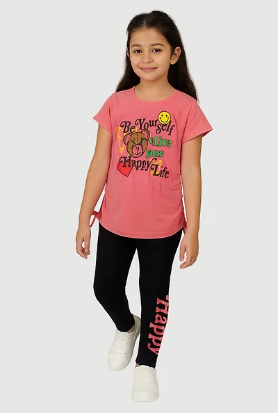 Little Girls Be Yourself Ruched Side Graphic Tee and Leggings