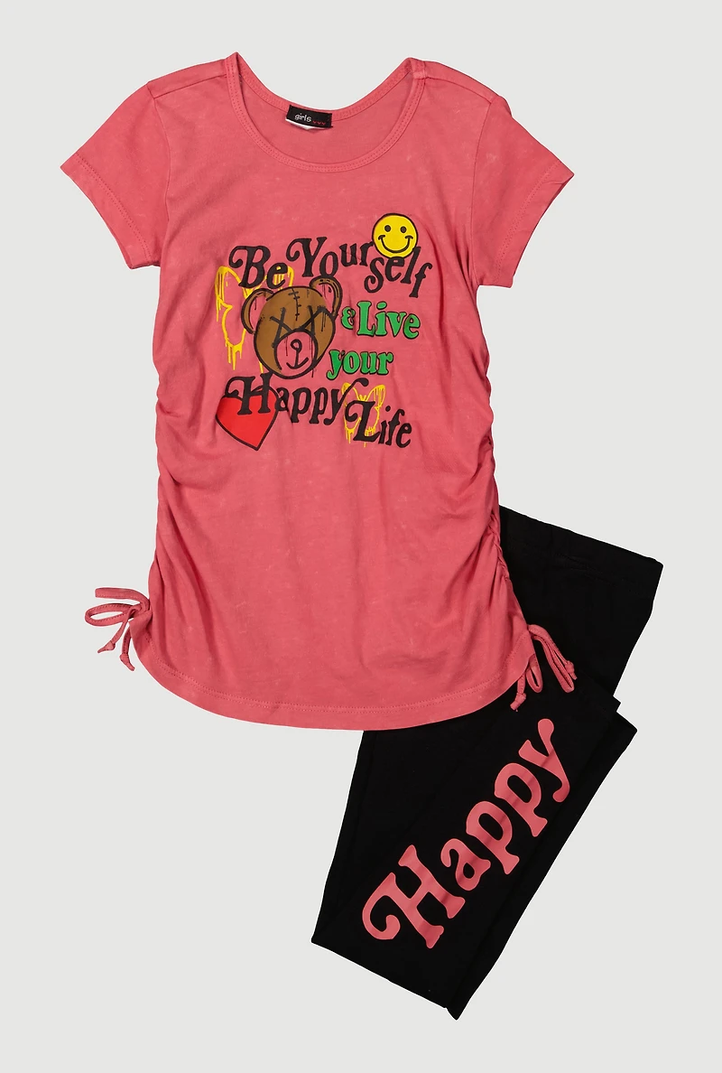 Little Girls Be Yourself Ruched Side Graphic Tee and Leggings, Pink, Size 5-6