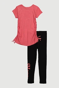 Little Girls Be Yourself Ruched Side Graphic Tee and Leggings, Pink, Size 5-6