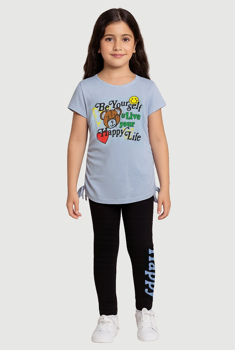 Little Girls Be Yourself Ruched Side Graphic Tee and Leggings, Blue, Size 5-6