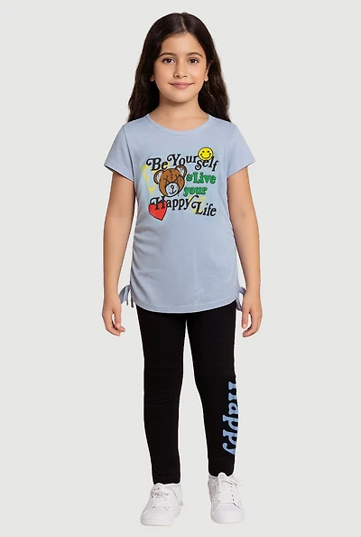Little Girls Be Yourself Ruched Side Graphic Tee and Leggings, Blue, Size 5-6