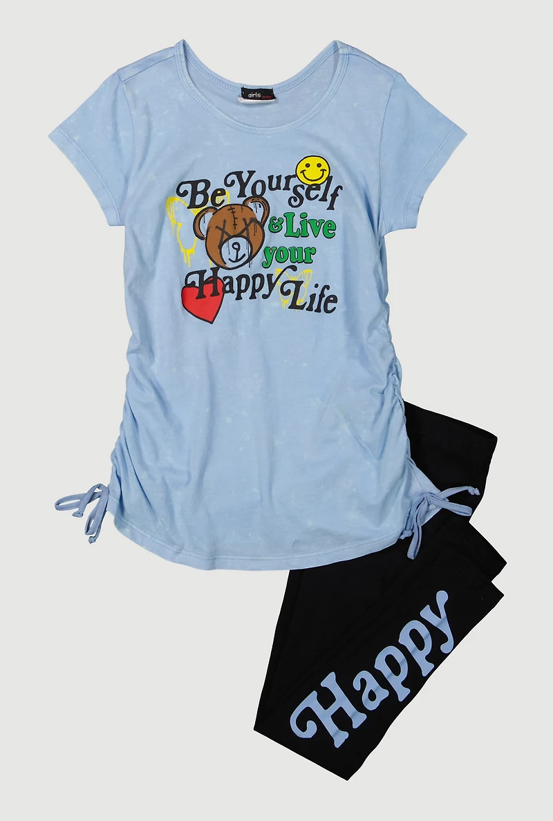 Little Girls Be Yourself Ruched Side Graphic Tee and Leggings, Blue, Size 4
