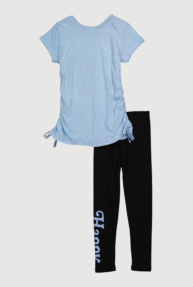 Little Girls Be Yourself Ruched Side Graphic Tee and Leggings, Blue, Size 4