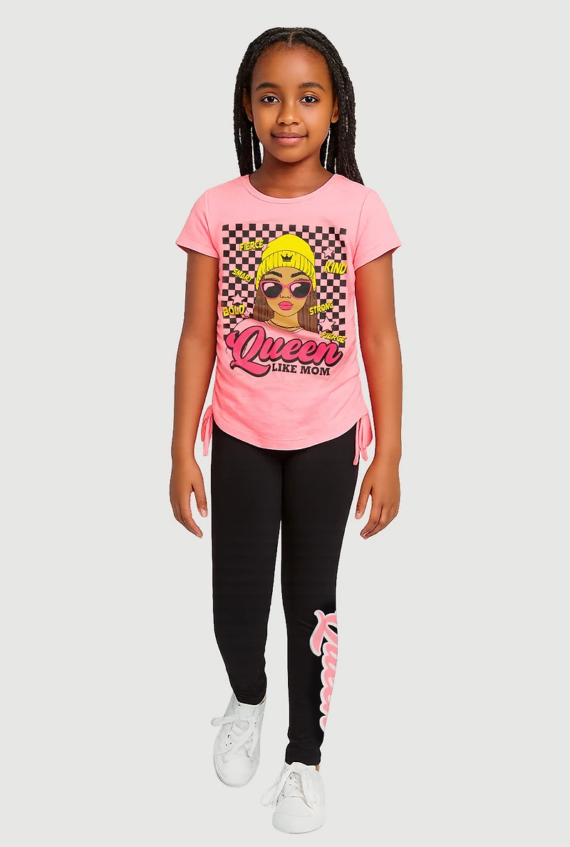 Little Girls Queen Like Mom Ruched Side Tee and Leggings, Pink, Size 4