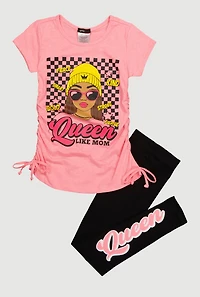 Little Girls Queen Like Mom Ruched Side Tee and Leggings, Pink, Size 4